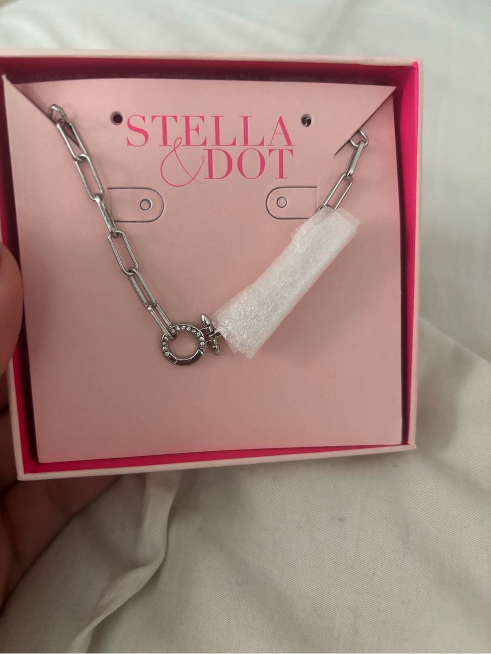 Stella & Dot Silver Paperclip Link Necklace with Crystal Toggle